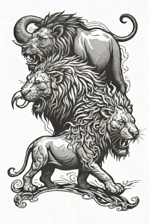 Roaring Lion And Elephant Walking Towards