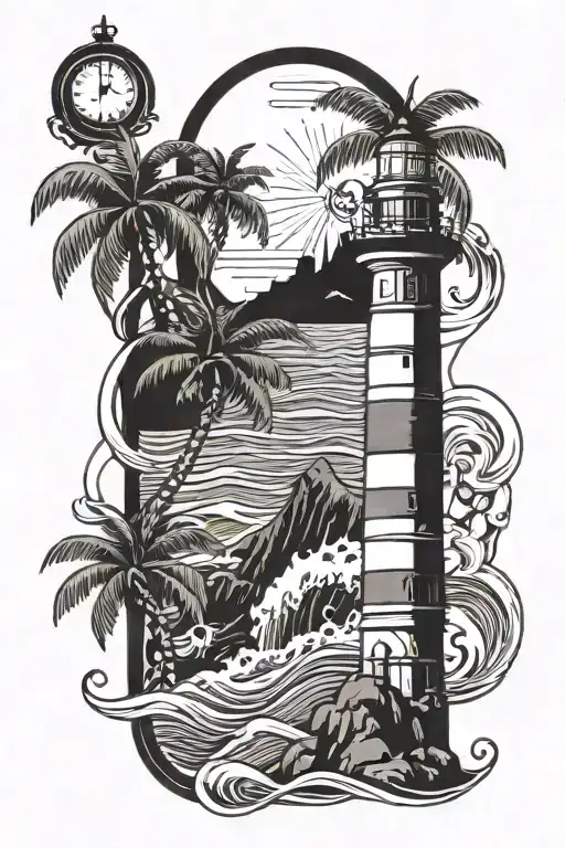 Palm Trees And Waves With A Lighthouse Shining And Space In The Background