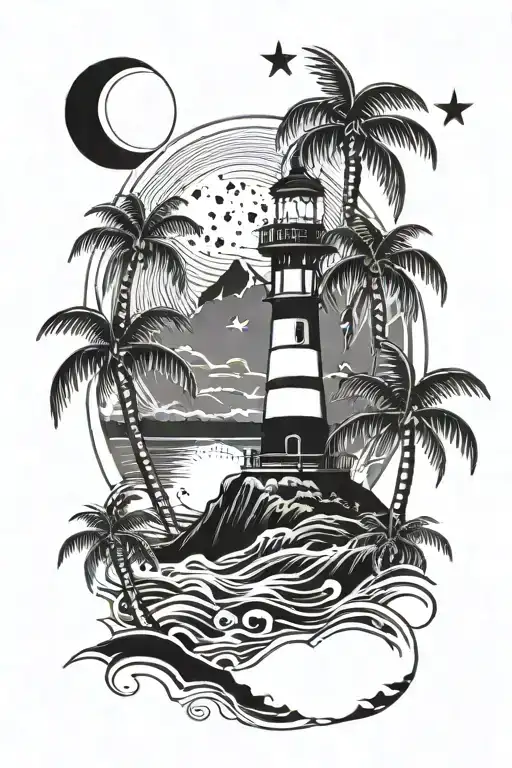 Palm Trees And Waves With A Lighthouse Shining And Stars And Moon In The Background