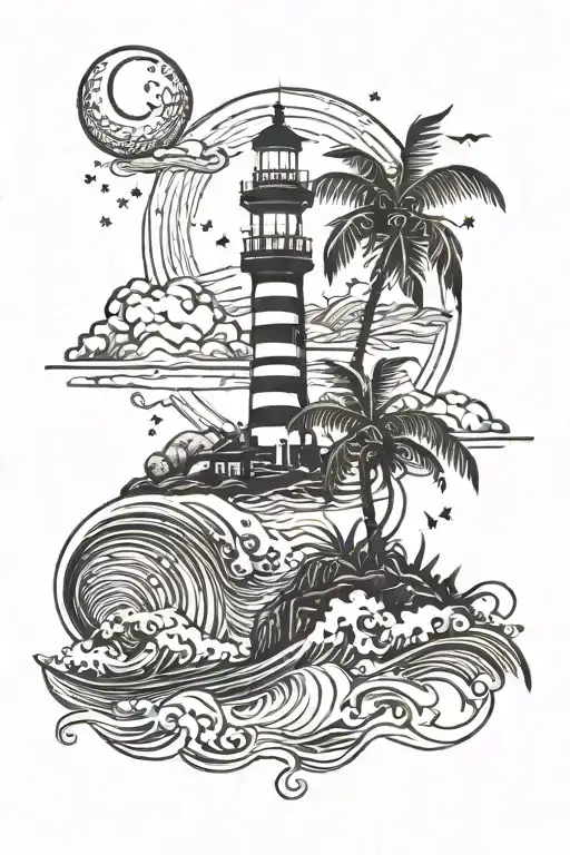 Palm Trees And Waves With A Lighthouse Shining And Stars And Moon In The Background At Night