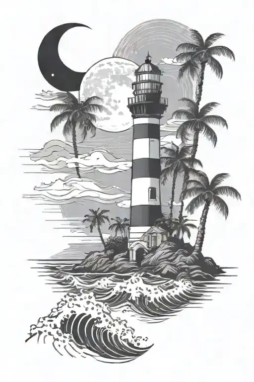 Palm Trees And Waves With A Lighthouse Shining And Stars And Crescent Moon In The Background