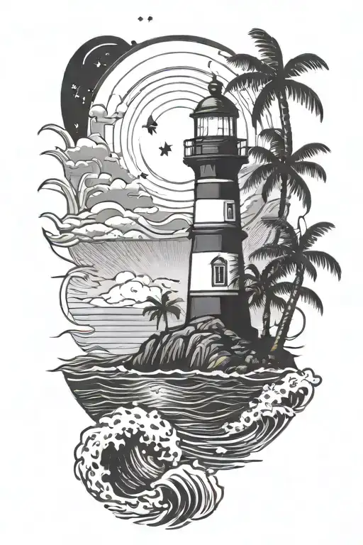 Palm Trees And Waves With A Lighthouse Shining At Night With A Crescent Moon And Stars Shining