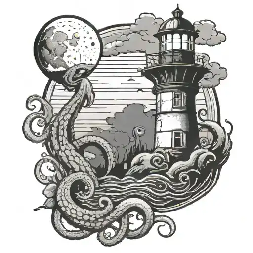 Lighthouse Being Grabbed By A Large Octopus At Night With A Crescent Moon
