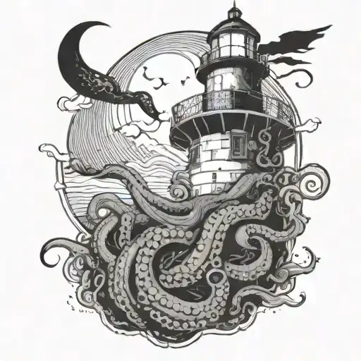 A Large Octopus Wrapping Around A Lighthouse At Night With A Crescent Moon