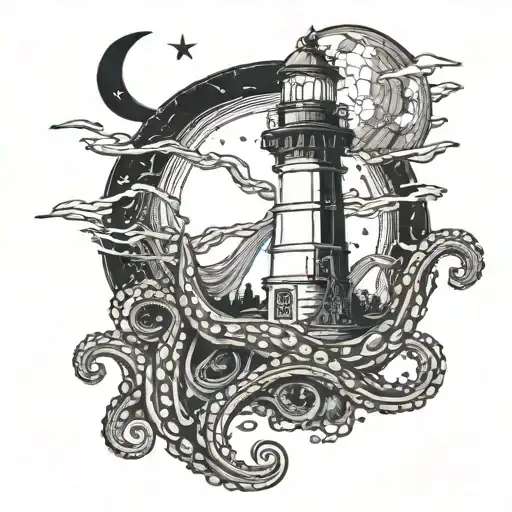 A Large Octopus Wrapping Around A Lighthouse At Night With A Crescent Moon