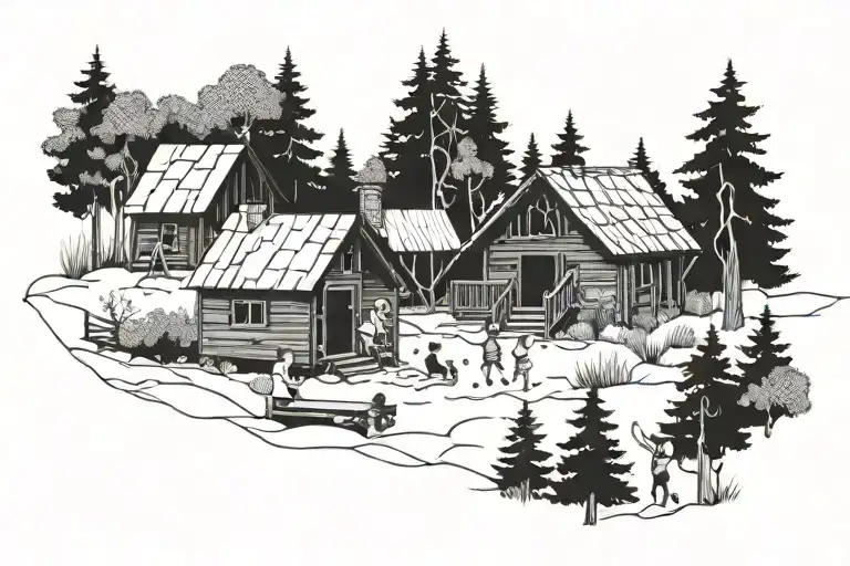 Cabin With Trees And 5 Children Playing
