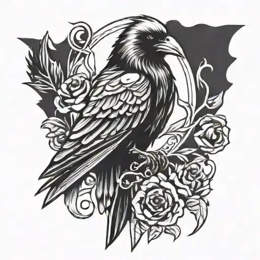 The Tattoo Consists Of A Stylized Raven Fused With A Dagger