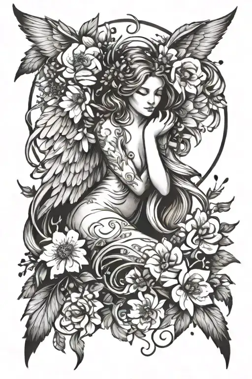 Ethereal Angel Surrounded By Blooming Flowers And Sparkles