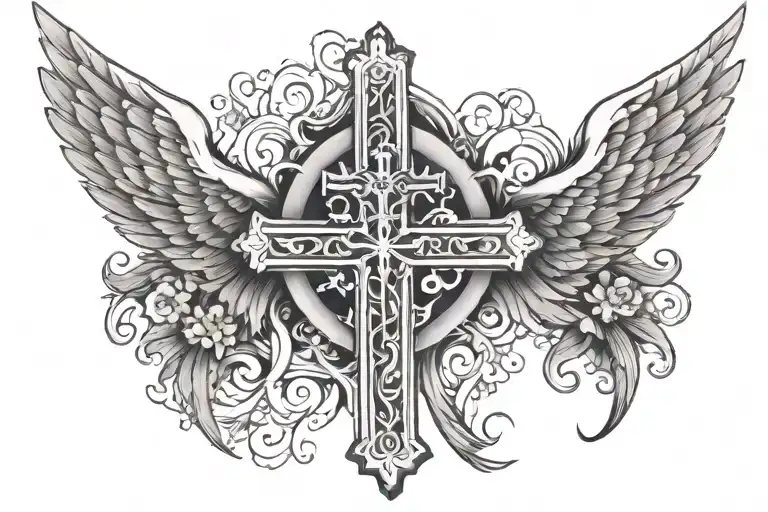 Christian Back Tattoo With A Cross And Praying Hands And Wings