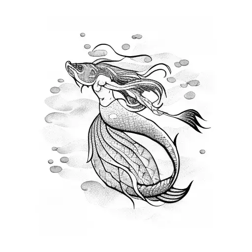 A Graceful Mermaid Swimming With A School Of Catfish In A Japanese-inspired Watercolor Style