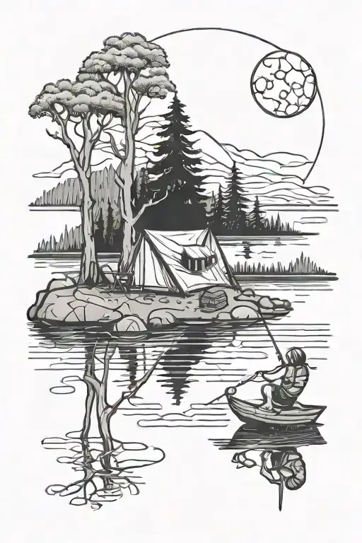 Camp Site By A Lake With A Stick Man Fishing While Sitting On The Moon Cressant