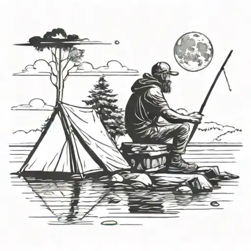 Man Fishing Sitting On The Moon Over A Camp Site By A Lake