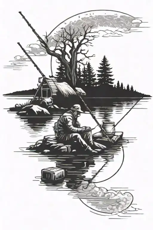 Man Fishing Sitting On The Moon Over A Camp Site By A Lake
