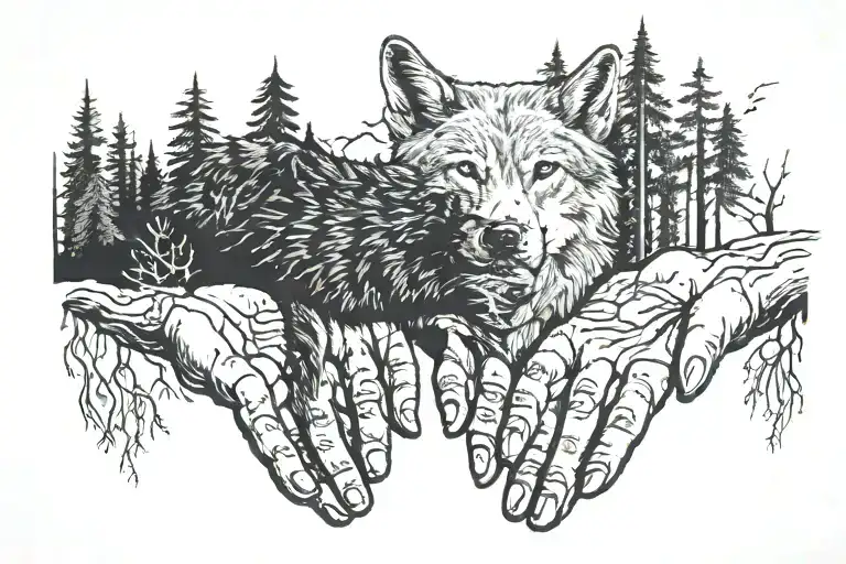Forest Wolf Around Hands Reaching Out To Each Other