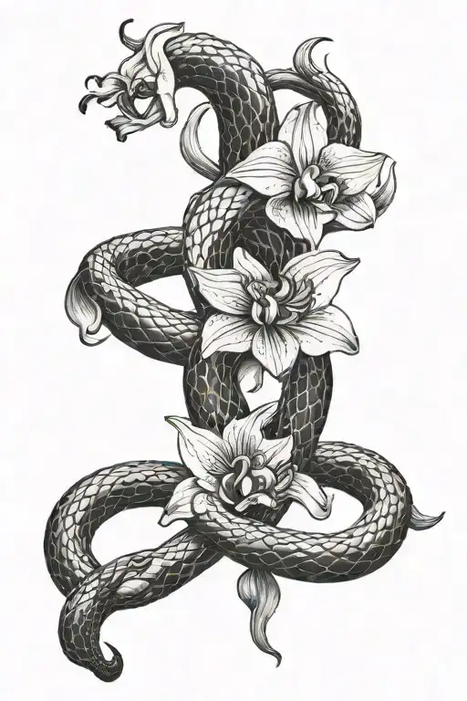 Snake Entwined On An Orchid