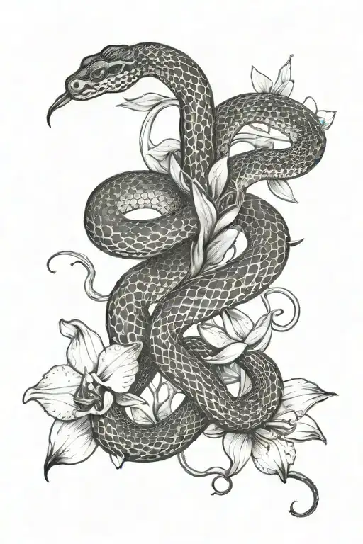 Snake Entwined On An Orchid