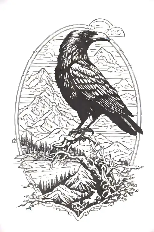 Raven With Mountain And Alaska Scene