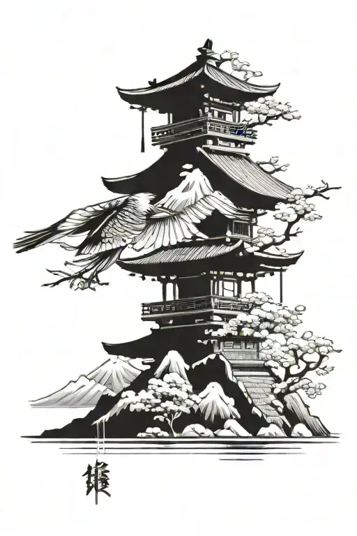 Samurai Warrior Mount Fuji Torii Gate Heron Flying