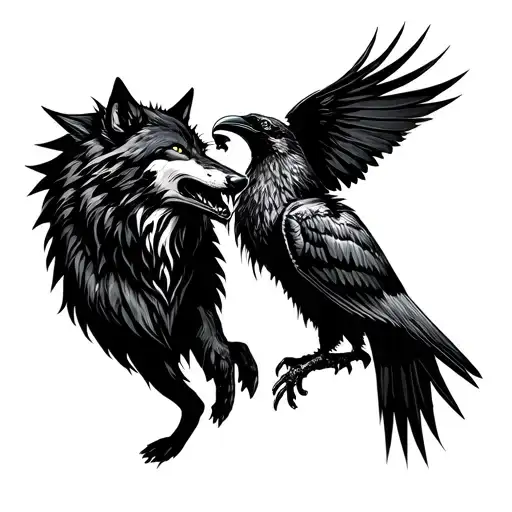 Wolf And Raven Fighting To Death