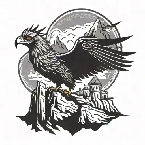 A Warhammer Inspired Tattoo Featuring A Mythical Bird Perched Atop A Mountain Fortress