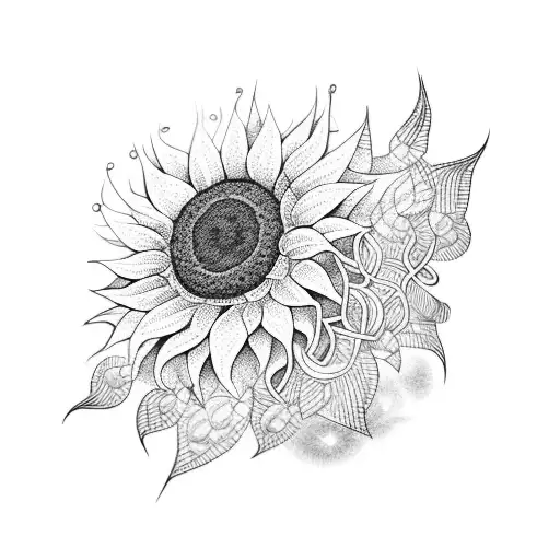 A Dotwork Tattoo Of A Sunflower Surrounded By Delicate Vines And Leaves