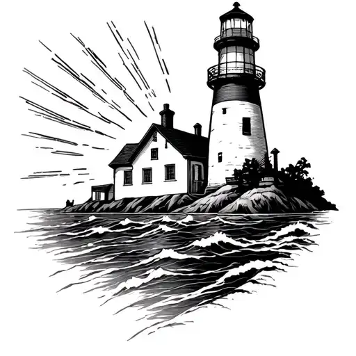 Lighthouse And Light Beams Shining