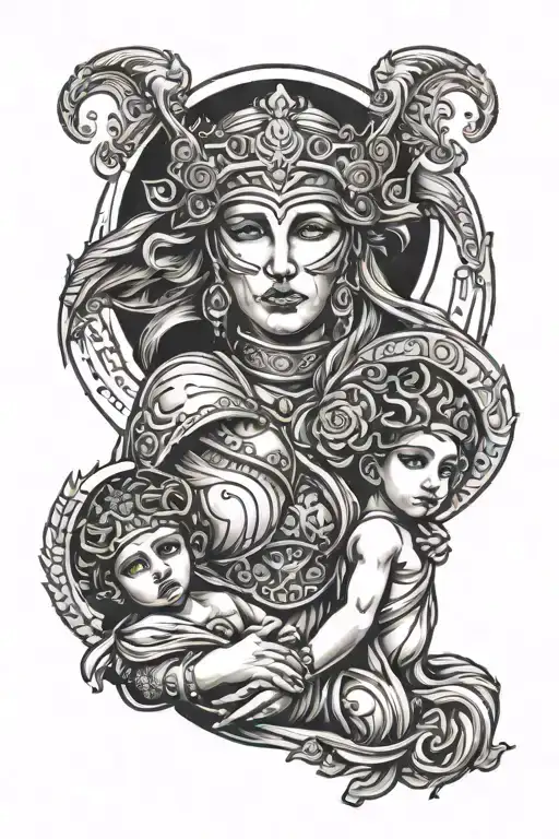 Spartan Goddess Mother Holding Her 2 Kids