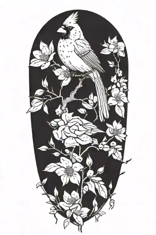 Cardinal Perched On Magnolia And Dogwood Flowers