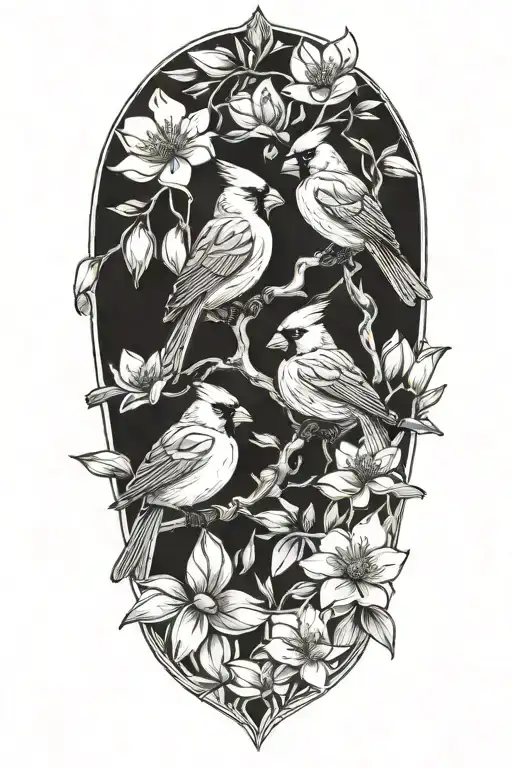 Cardinals Perched On Magnolia And Dogwood Flowers