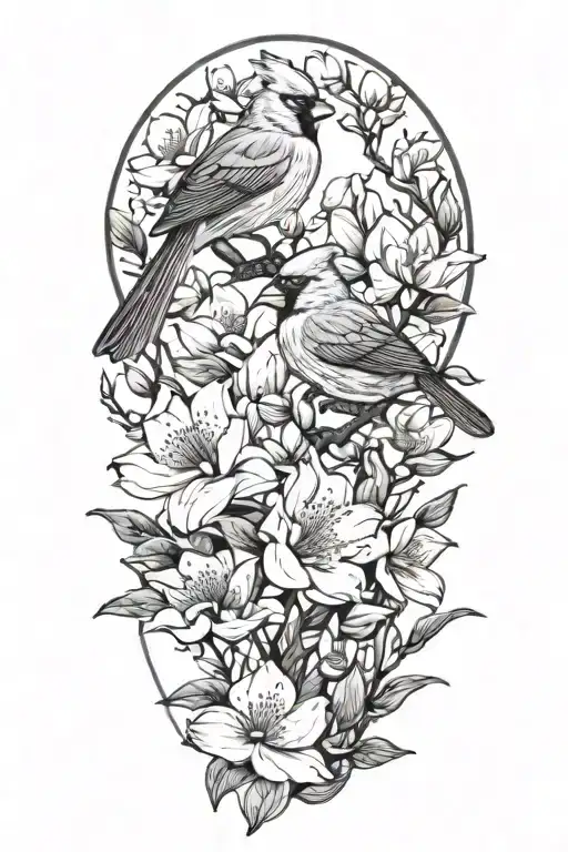 Cardinals Perched On Magnolia And Dogwood Flowers With No Background