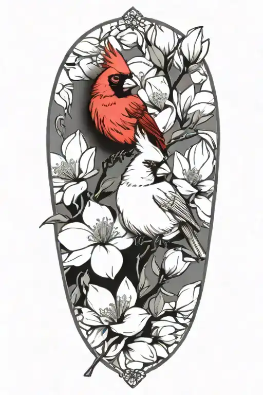 Cardinals Perched On Magnolia And Dogwood Flowers With No Background
