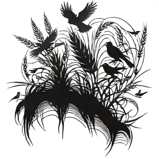 Wheat Crop And At The Top It Breaks As Little Birds Flying Multiple