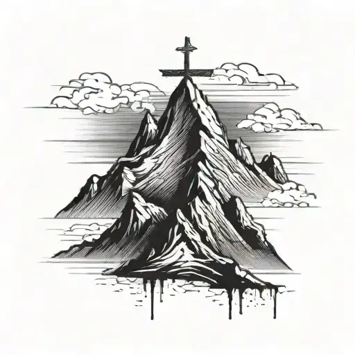 Single Mountain With Cross On Peak And Dark Gloomy Clouds