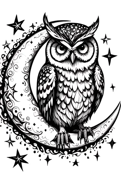 A Whimsical Owl Perched On A Crescent Moon Surrounded By Swirling Stars
