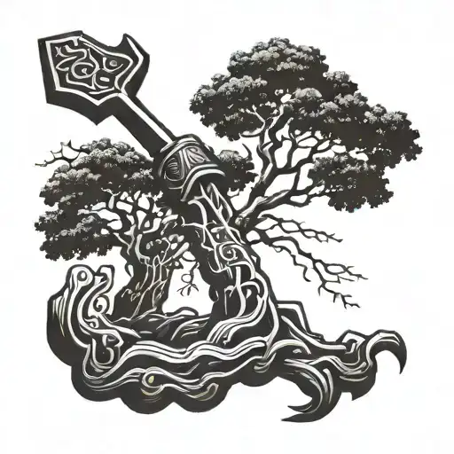 A Minimalist Design Of Mjolnir And A Tree Branch Merging Together In A Blackwork Style