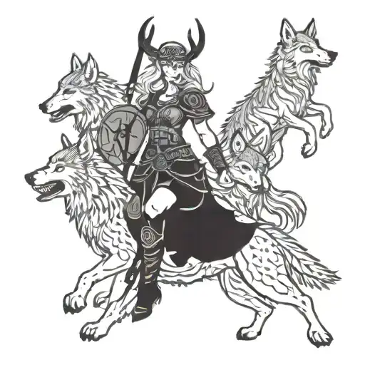 Nordic Warrior Valkyrie With A Pack Of Wolves In A Mystical Forest