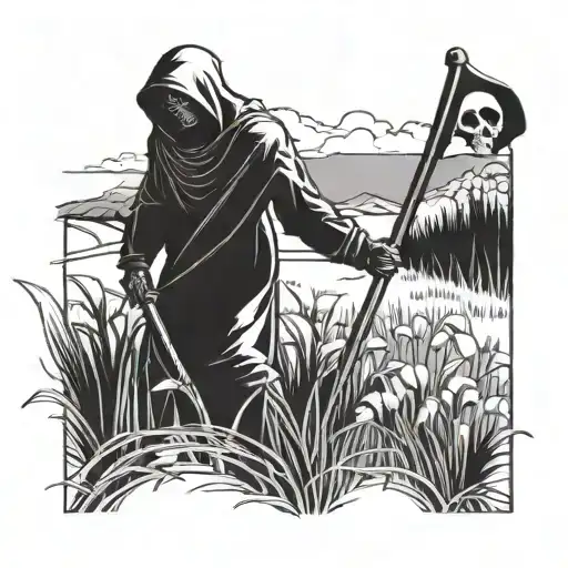 Reaper Holding A Scythe Walking Through A Field Of Pain