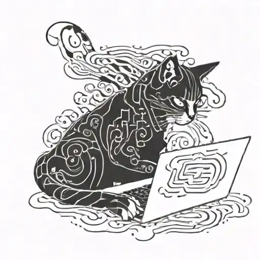 A Tattoo Of A Cat Programmer Coding On A Laptop With Digital Code Swirling Around Them