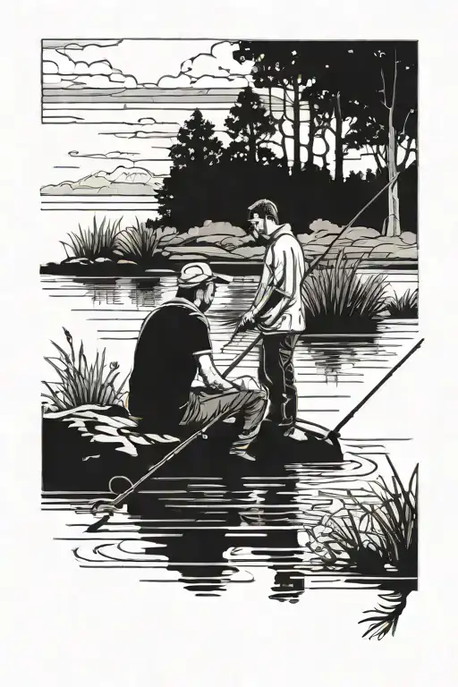 Father And A Son Fishing On A Lake In Memory Of The Fathers Passing