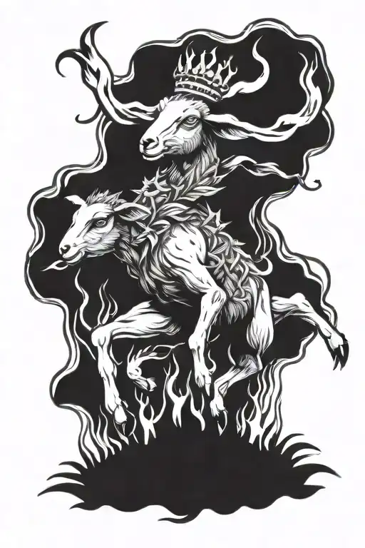 Full Body Lamb Jumping With Crown Of Thorns And Flaming Eyes