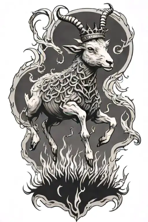 Full Body Lamb Jumping With Crown Of Thorns And Flaming Eyes