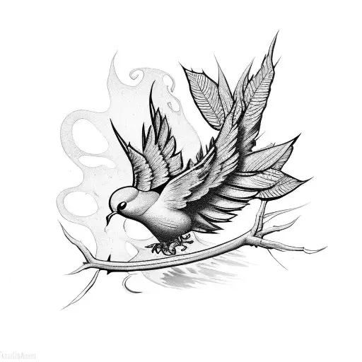 A Spidder Climbing Up A Vein With Leaves That Goes To A Dove