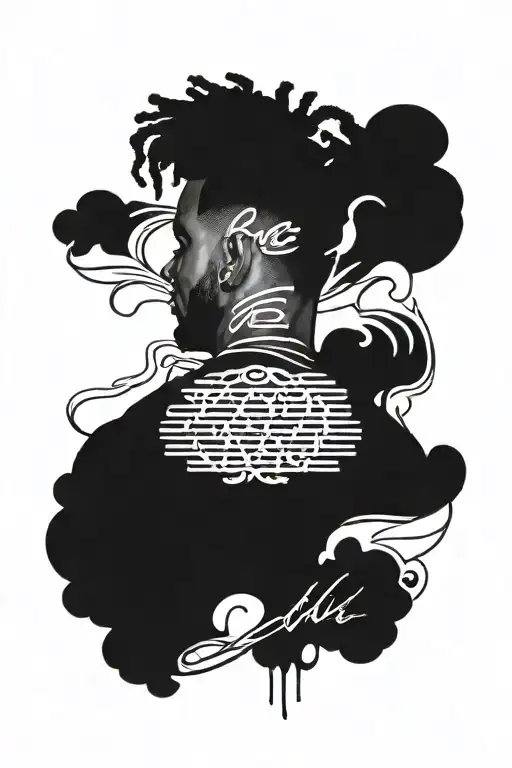 A Back Tattoo Featuring An Image Of Jcole And A Background Of The Lyrics From His Song Love Yourz