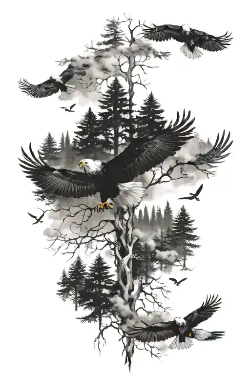 Smoky Forest With Bald Eagles Flying