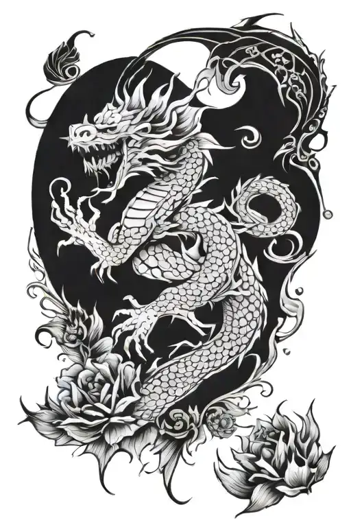 Dragon With Water And Flowers Male Arm Tattoo Design