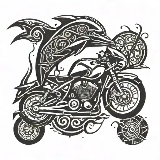 A Tribal Fusion Design Combining Motorcycle Parts And Dolphin Silhouettes