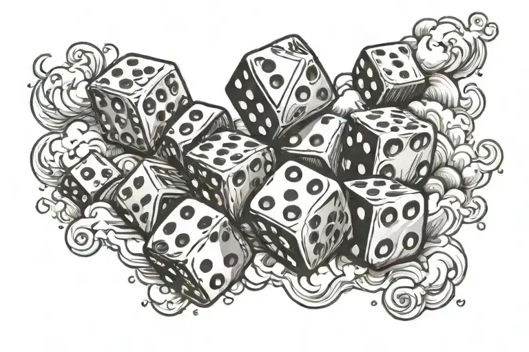 Dice Game In Cursive With Dice And Clouds Around It