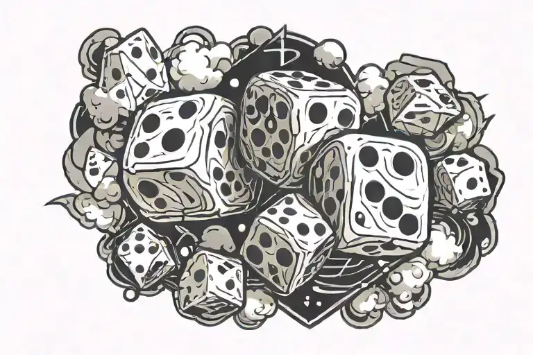 Dice Game Lettering In Cursive With Dice And Clouds Around It