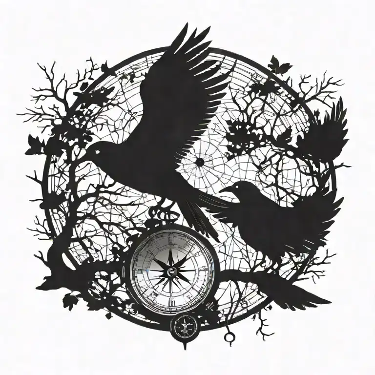 A Silhouette Of A Bird Flying Over Tree While It Uses A Compass Over Its Neck