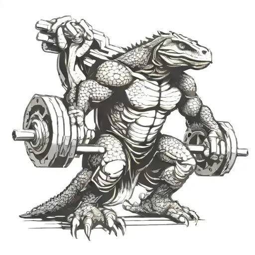 Humanized Komodo Dragon Doing A Barbell Bench Press
